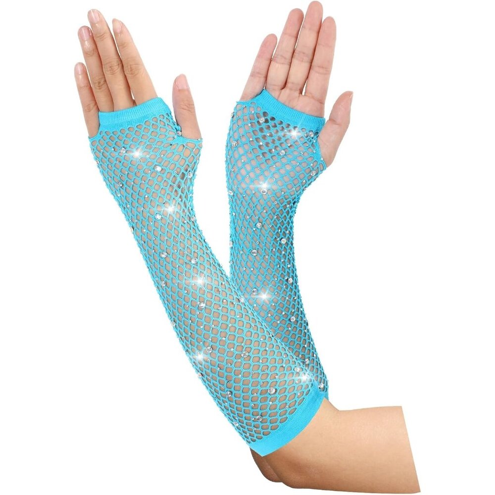 Women's Dark Blue Punk Fish Net Arm Sleeve Rhinestone Gloves Costume Halloween